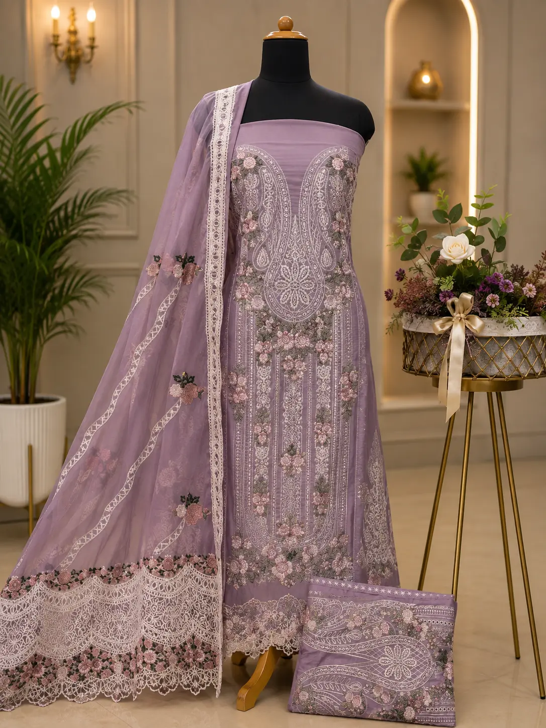 Lavender Lawn Cotton Suit with Kota Doria Dupatta - Image 4