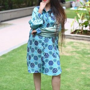 Blue Bandhani Print Crepe Fusion Short Dress