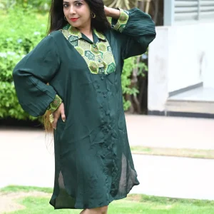 Green Bandhani Print Crepe Fusion Short Dress